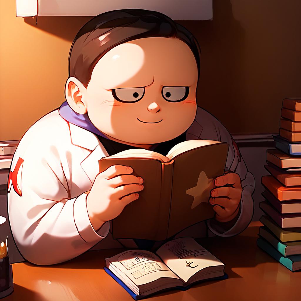 score_9, score_8_up, score_7_up, best quality, 8k, UHD, chubby, fat, dr.hedo, male, cute, smiling, blushing, solid dot eyes, lab coat, in lab, reading, smile, book on table, close up, side view, note books on floor