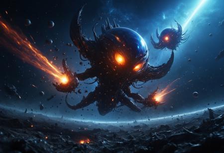 A highly detailed, ultra-realistic, In the vast, dark expanse of space, an epic battle unfolds against the backdrop of a massive alien planet. The planet itself is breathtaking—its oceans shimmer in a deep, sapphire-blue hue, reminiscent of liquid Gatorade, crystal clear and vibrant. The landmasses are covered in lush, alien vegetation, but unlike Earth's green forests, this world’s flora glows in warm tones of orange and brown, creating a stunning contrast against the brilliant blue waters. Wispy clouds swirl across the atmosphere, partially obscuring the surface in soft shadows. Dominating the foreground are colossal metallic spheres—monolithic, gleaming battle stations floating in formation. These giant metal orbs, smooth and reflective, exude a powerful presence, releasing thousands of smaller metal spheres into the battlefield like a relentless swarm. Each of these smaller orbs, agile and efficient, zips through space in perfect synchronization, creating an overwhelming force.
Opposing them are sleek, black, glider-like spacecraft, reminiscent of Batman’s signature aerial vehicles. These alien warships are sharp, ominous, and built for speed, cutting through space like dark shadows. Their surface absorbs light, making them appear almost like voids against the cosmic backdrop. These craft belong to an insectoid species, an eerie hybrid of humanoid and arthropod features. Among the wreckage, alien bodies drift lifelessly—their forms ant-like from the waist down, but with humanoid torsos and praying mantis-like heads. Their exoskeletons glisten with a biomechanical sheen, a blend of organic and machine. The battlefield is alive with chaos. Rainbow-colored laser beams burst in every direction, fired from the spherical war machines, illuminating space with a dazzling light show. Each blast arcs through the void, striking the black glider ships, causing fiery explosions that ripple outward. Some of the insectoid fighters return fire with deep red energy beams, carving through the metallic swarm with deadly precision.
The battle is an awe-inspiring spectacle of light, shadow, and destruction, with debris from shattered ships scattering in all directions. The bodies of fallen insectoid warriors float eerily through space, their lifeless forms caught in the silent, weightless abyss. Energy blasts refract off their armored exoskeletons as the carnage continues, an endless struggle for dominance in the cold, infinite darkness. realism, cinematic, best quality, realistic, shallow depth of field, high-resolution image, extremely detailed body, shallow depth of field,