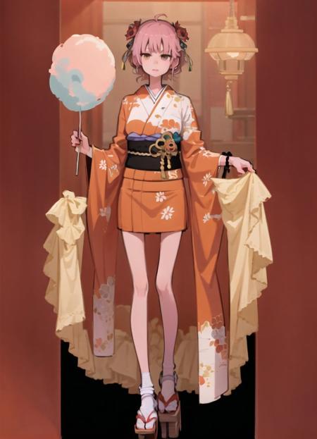 (red theme, red background),1girl, solo,  simple background,   masterpiece,
looking at viewer, standing, full body, high contrast,
<lora:miyoshi_yoshimi-23:1> miyoshi_yoshimi, kimono, hair ornament, black clothes, geta, (holding cotton candy)