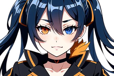 focus face, solo, 1girl, hair over face, hair covering face, dark blue hair, (heterochromia:1.25,(orange:1.3)),cute face, smirk, neck, choker, collarbone, cleavage, white collar, coat collar, white coat collar 