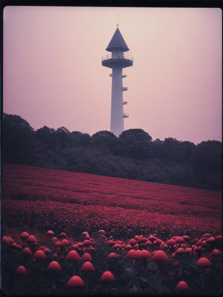 incredible dreamscape impossible landscape vista, magic, true wonder, intense nature, epiCPhoto, (Phantasmagoria:1.2), mushrooms, eerie key light, reds, pinks, navy-blues, colorful polaroid,