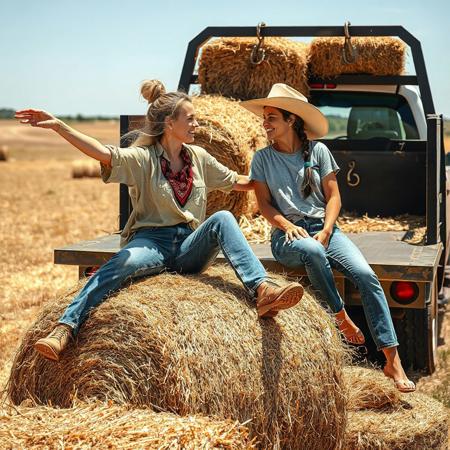 two lovely women finished loading bales of hay on a flatbed truck. A beautiful blonde, strands of hair loose from bun, sitting  on a bale of hay, reclining back on another bale, legs spread, sweaty face, reaching out an arm in invitation to approach and sit next to her, wearing jeans and loosened shirt and bandana, relaxed happy, tired. A gorgeous brunette, braided hair and cowboy hat, jeans and t-shirt, sweaty, looking lovingly at the blonde, starting to sit down on a bale of hay next to the blonde. Sunny day, field cleaned of bales of hay, stevedore's hooks on bales nearby women.