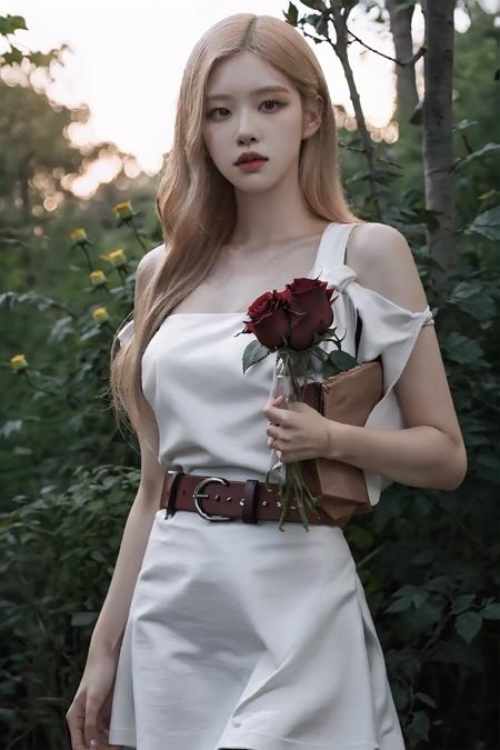 (masterpiece), (highly detailed skin:1.2), slim body,(photorealistic:1.4), 1girl, solo, blonde hair, skirt, long hair, flower, realistic, white dress, big belt, looking at viewer, (carrying red roses:1.2), cowboy shot, forest in background