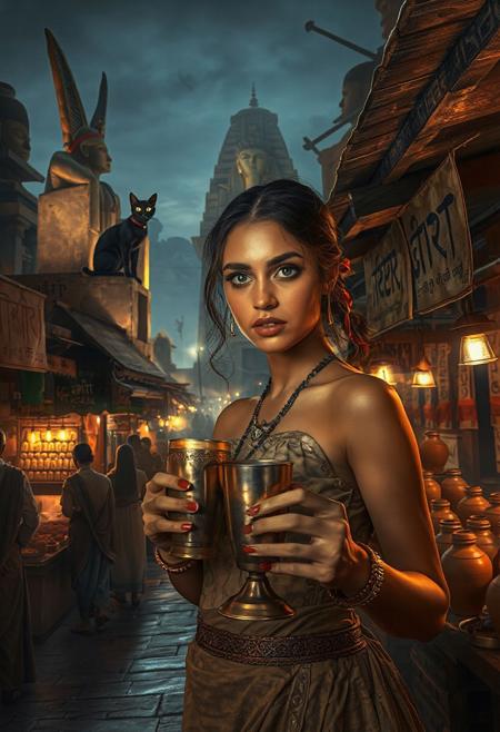 Setting is ancient Indian street market at night, ((all writing is in Indian hieroglyphs)), ((all lighting is by candles, and flame torches,  the market is comprised of street vendors selling food, weapons, and clothing. People wearing Ancient Indian clothing are walking through the street market shopping and eating, A sleek black cat (Bastet) with red collar sits on a nearby wooden roof at a market kiosk. Behind the a kiosk counter are clay containers of Indian beer, (((a beautiful woman, 24 years old, is standing in the foreground facing the viewer with a metal goblet of beer in her hand. Her eyes are beautiful and focused on the viewer, she has an expression of interested curiosity))), the woman is dressed in Ancient Indian style clothing combining a sexy and classic Ancient Indian aesthetic. Enormous Ancient Indian statues and temples are visible in the background and around the scene and smaller statues and Ancient Indian architecture is prevalent in the market, The woman's hair is elegantly tied up with a ribbon. Artistic Ancient Indian aesthetic, dynamic perspective, (((overall architectural aesthetic is Ancient Indian))).  Epic image that elicits a feeling of wonder and awe,