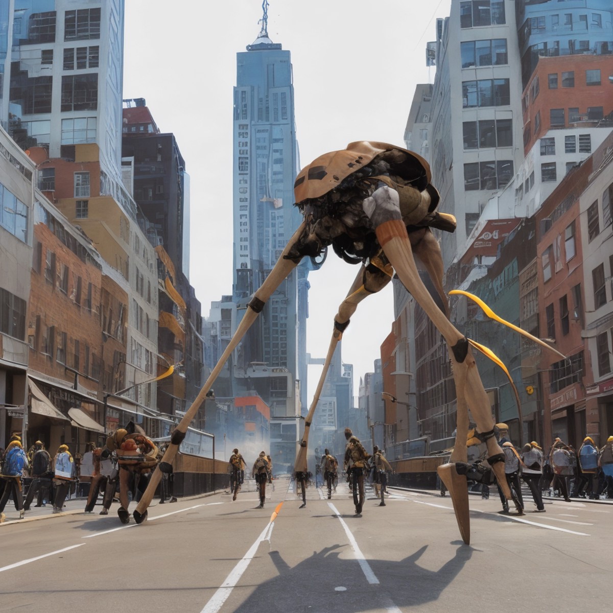 <lora:Strider:0.8>strider in downtown new york city chasing down a group of people