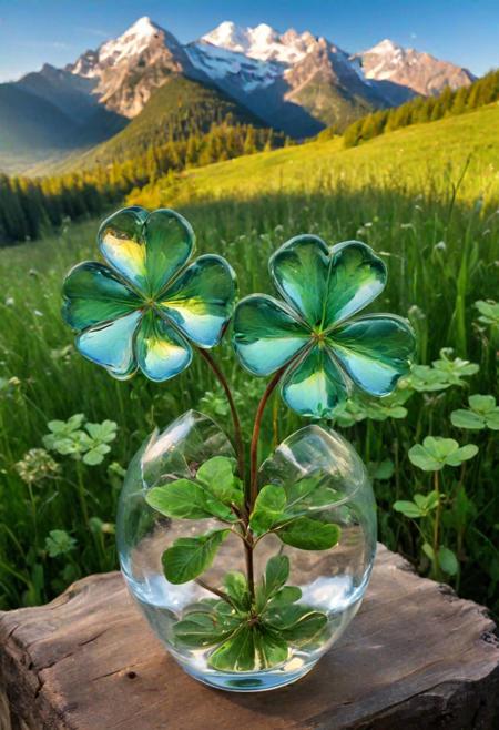 a (four-leaf clover:1.5) in glass, in a natural landscape, depicted nestled among tall grasses in a serene meadow with mountains in the distance. The glass clover should reflect the surrounding scenery, capturing the vibrant hues of the grass and the azure sky. The overall atmosphere should be tranquil and harmonious, with soft sunlight casting warm rays over the scene. (natural landscape), (serene), (reflective:1.1), (vibrant colors), (mountains), (tranquil atmosphere), (soft sunlight), (harmonious)