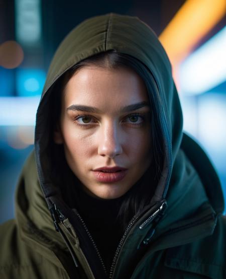 Super high resolution portrait photo close-up of du4lip4 woman wearing a parka,smooth skin,clean face without makeup, looking at the camera, a cyberpunk cityscape is behind her face,soft lighting,volumetric lighting,very highly detailed skin,upper body shot,cyberpunk settings,black long hair,cinematic, high quality,looking at the camera