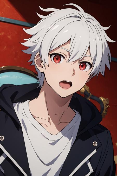 bell cranell, 1boy, solo, looking at viewer, short hair, open mouth, red eyes, upper body, white hair, male focus <lora:bell-cranel-000001:0.4> <lora:animixAnimeScreenshotLikeStyleMixLora_v10:0.3>