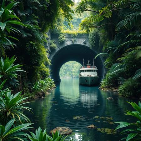 a beautiful water ship  tunnel entrance conquered by green jungle  vegetation, profesional photography, high resolution, fines details of plants, ultra realistic day scene