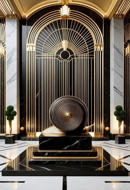 A majestic Art Deco interior featuring a monumental marble sculpture of a snail on a black marble pedestal. The snail is intricately detailed with sharp, clean golden lines forming a dense geometric grid on its body and bold concentric arcs on the shell. The background wall features a dramatic sunburst pattern in gold over dark blue marble, evoking the grandeur of a 1930s train station lobby. The atmosphere radiates opulent futurism, blending natural elegance with mechanical symbolism. Strong contrast between cold grayish marble and luminous gilded accents, perfect symmetry and theatrical lighting, The background is cool-toned gray marble, with radiant sunburst lines behind the figure. Every surface shimmers with polished metal and black stone, exuding futuristic optimism as envisioned in the opulent age of the Roaring 20s. The darkest blacks contrast with the most brilliant gold, surrounded by geometric architecture, mechanical motifs, and heroic grandeur. Elegant lighting enhances the drama. Inspired by heroic propaganda murals and luxurious train stations.