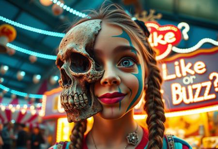 “A whimsical and surreal portrait of a girl with a distorted, comical face, featuring one eye larger than the other, vibrant face paint, and two playful braids in her hair. Half of her face is a real, rotten skull, with detailed, decayed bone structure, exposing cracked and aged bones, and the skull appears lifelike yet worn with time. The other half is covered in exaggerated, colorful face paint. The skull gives off a gritty, almost macabre vibe, blending with the lively and hype atmosphere of the carnival. Captured using a 12mm fisheye cinematic prime lens for an exaggerated perspective. The setting is a lively carnival with neon lights, whimsical decorations, and a dreamy yet unsettling atmosphere. A rotten, old light banner in the background displays the text: ‘Could I receive a Like or Buzz?’ in flickering, uneven letters. The colors and contrasts are enhanced for a surreal effect, combining playful and eerie styles, with a mix of humor and dark visual artistry.”