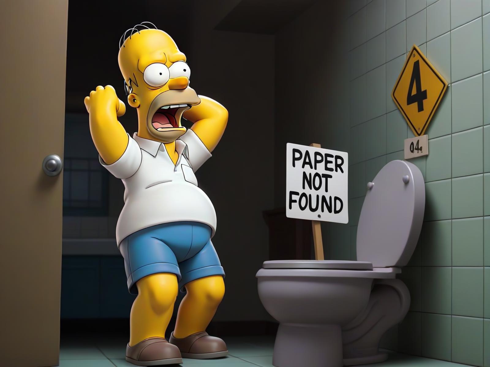 A cartoon character standing in front of a toilet with a "Paper Not Found" sign.