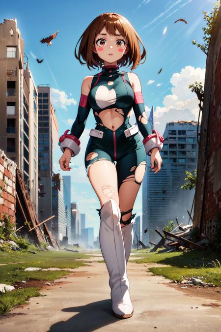 masterpiece, best quality, highres, hmochako, blush stickers, short hair, medium breasts, superhero, bodysuit, boots, <lora:uraraka_ochako_v1:0.8>, ruins, building, (torn clothes:1.2), walking, cowboy shot,