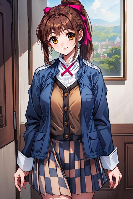 doukoku_chisa, brown eyes, brown hair, long hair, ponytail, ribbon, hair ribbon, blue jacket, school uniform, shirt, long sleeves, pleated skirt,