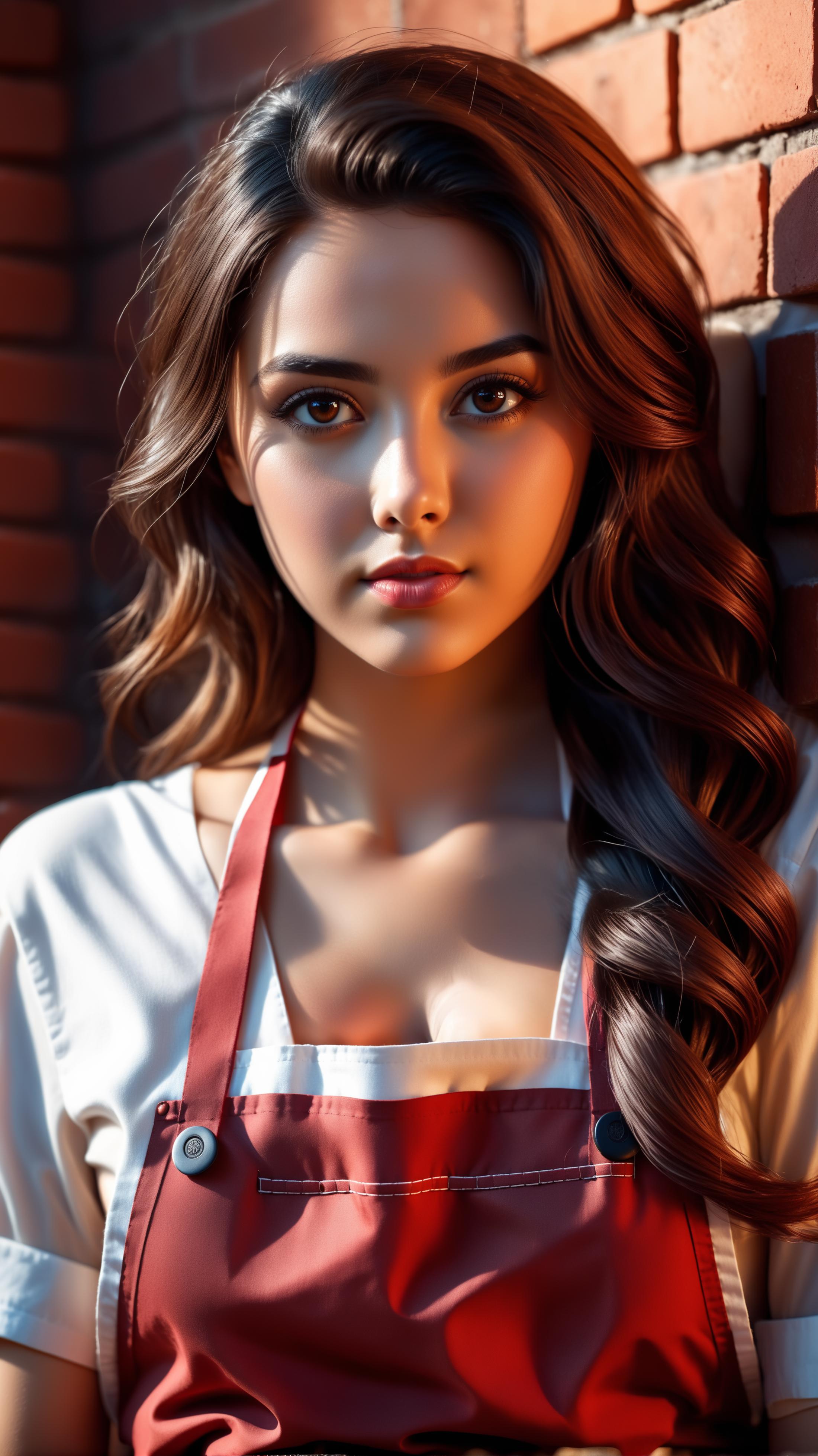 Woman in Apron with Brown Hair and Red Lips.