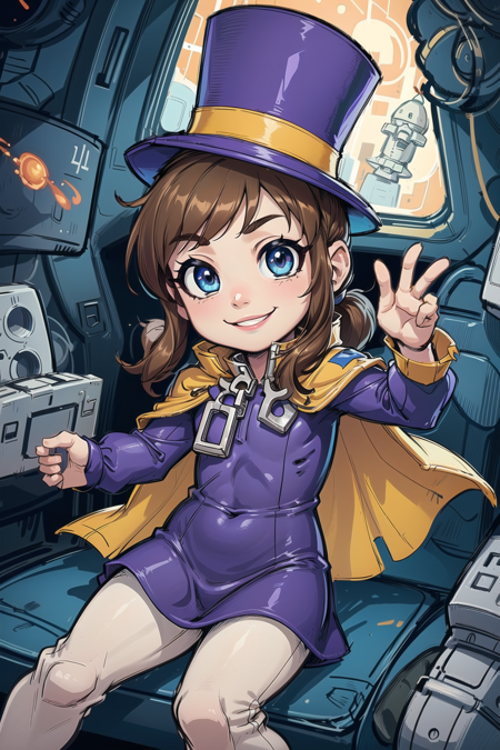 masterpiece, best quality, (AS-Younger:1.3), <lora:HatKidLora-10:0.7>, hat kid, purple dress, zipper pull tab, top hat, yellow cape, white pants, smile, space, in spacecraft, window,