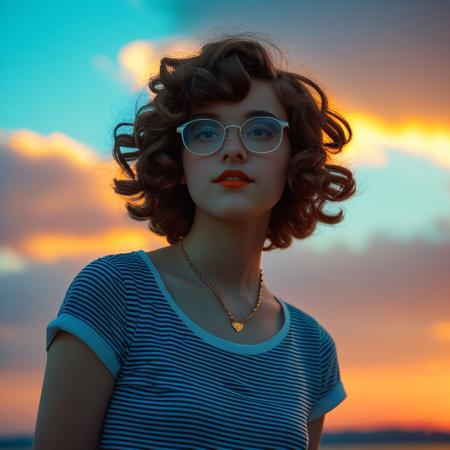 feminine, photograph, realistic, detailed, (small_breasts, perky_breasts, necklace, glasses, thick,
(20yo, nsfw, 1girl, pubic hair, short wavy hair, pretty, rouge,:1.4), sensual, exotic, mesmerizing, evocative, entrancing, artless, young, fresh, solo, (style of Henry Scott Tuke), (style of Anthony Thieme), (style of Gil Elvgren), :1.1), 
(1girl, solo, upper_body, sunset, evening, sky, from_side, gradient_sky,  twilight, nose, dusk, backlighting, blurry_background,  orange_sky, cloud, depth_of_field, sunlight, day, blue_sky, gradient_background, portrait, striped tshirt, tucked_in:1.0)