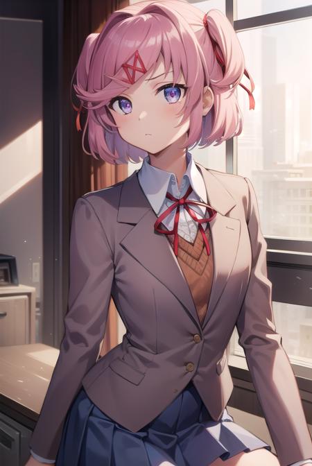 ddlcnatsuki, <lora:ddlcnatsukitest:1>,
ddlcnatsuki, fang, hair ornament, pink hair, (purple eyes:1.1), short hair, short sidetail, swept bangs, x hair ornament, (flat chest:1.2),
BREAK blazer, blue skirt, brown jacket, collared shirt, jacket, long sleeves, miniskirt, neck ribbon, pleated skirt, red ribbon, ribbon, school uniform, shirt, skirt, swept bangs, vest, white shirt, wing collar, x hair ornament,
BREAK looking at viewer,
BREAK indoors, classroom,
BREAK <lora:GoodHands-vanilla:1>, (masterpiece:1.2), best quality, high resolution, unity 8k wallpaper, (illustration:0.8), (beautiful detailed eyes:1.6), extremely detailed face, perfect lighting, extremely detailed CG, (perfect hands, perfect anatomy),