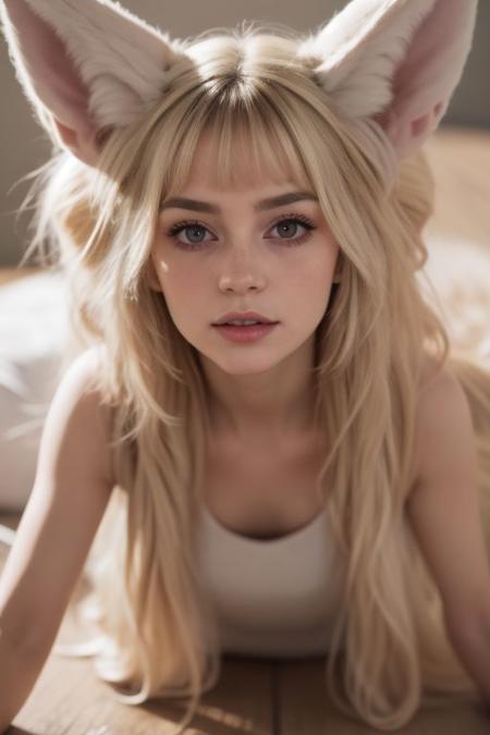 girl, crawling, brunette, eyes close-up, looking up, portrait, white loose summer dress, selfie, big hair, messy hair, huge very long silky fennec ears, animal ear fluff, fox tail, depth of field, big eyes, round rich lips, freckles, curious, lora:extendeddownblouse_v10:1>