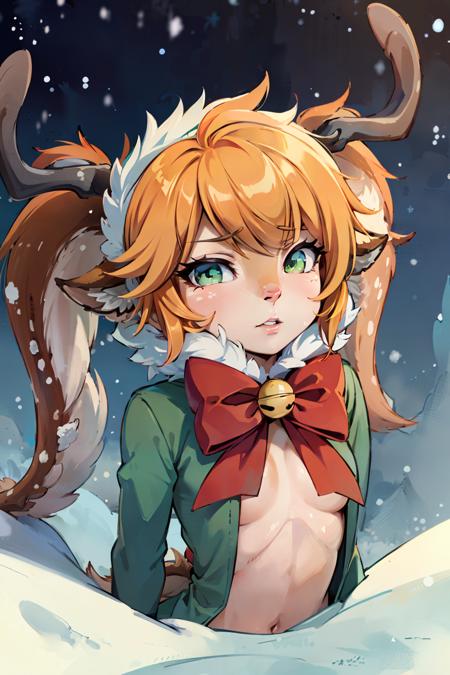 2d, masterpiece, best quality, anime, highly detailed face, perfect lighting, 1girl, antlers, animal ears, green eyes, furry, twintails, bell, red bow,  tail, <lora:snowfawn_poppy_lora_1-10:0.9>, winter, snow, dress, cropped torso,