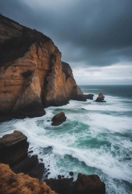extremely detailed photo of a perfect coastline, cliffs and rocks, waves, cloudy weather