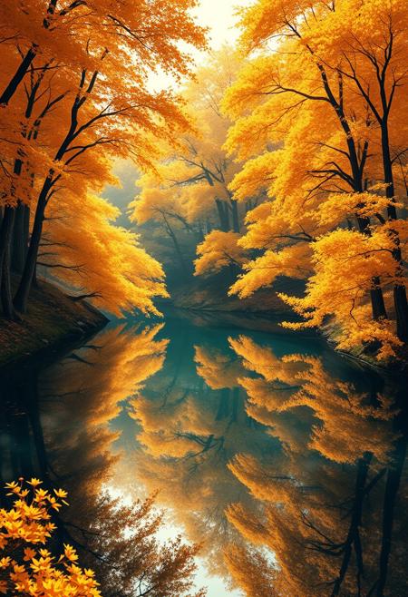 Stunningly detailed reflection of golden and orange katsura trees surrounding a natural round lake in autumn, tranquil and enchanting atmosphere, rendered in the art style of Studio Ghibli, magical lighting, immersive depth