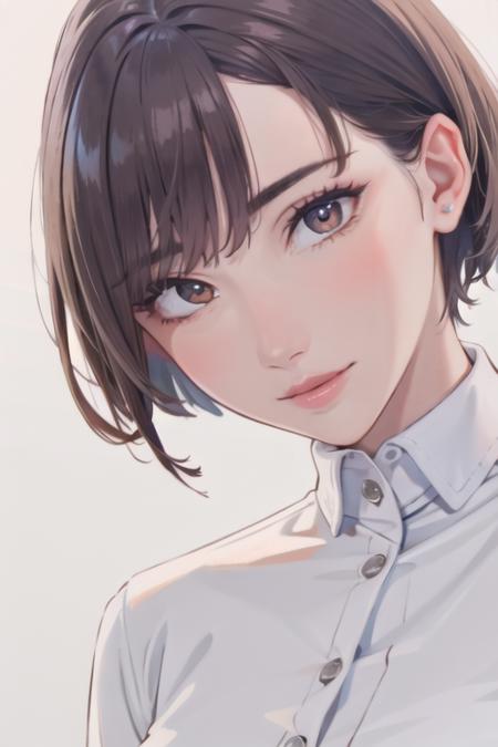 beautiful, ((masterpiece:1.2)), ((best quality:1.2)), perfect eyes, perfect face, perfect lighting, 1girl, solo focus, eimi, short hair, brown eyes, brown hair, <lora:MARE:0.75>,<lora:Eimi:0.6> ,  simple details,