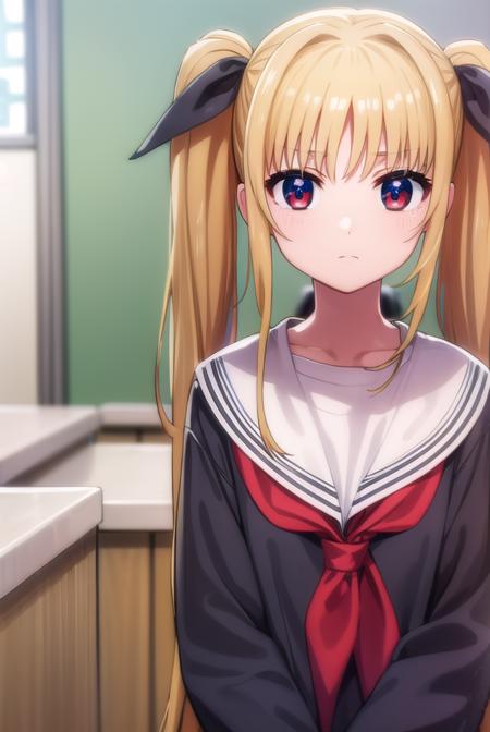 fatetestarossa, <lora:fate testarossa movie2-lora-nochekaiser:1>,
fate testarossa, long hair, blonde hair, (red eyes:1.3), twintails, hair ribbon,
BREAK long sleeves, school uniform, serafuku, shirt, white shirt, white sailor collar,
BREAK indoors, classroom,
BREAK looking at viewer, (cowboy shot:1.5),
BREAK <lyco:GoodHands-beta2:1>, (masterpiece:1.2), best quality, high resolution, unity 8k wallpaper, (illustration:0.8), (beautiful detailed eyes:1.6), extremely detailed face, perfect lighting, extremely detailed CG, (perfect hands, perfect anatomy),