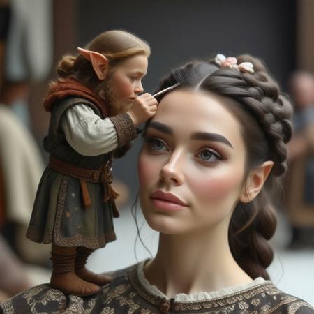An ultra-HD, cinematic image of a tiny hobbit beautician standing on the forehead of a giant woman, carefully shaping and filling in her eyebrows with a fine brush. The details of each hair stroke and the richness of the pigment make the scene feel incredibly lifelike. The hobbit, dressed in exquisite fabrics, maintains intense focus as they perfect the brow shape. The soft and natural lighting casts beautiful highlights and shadows, emphasizing depth and realism.