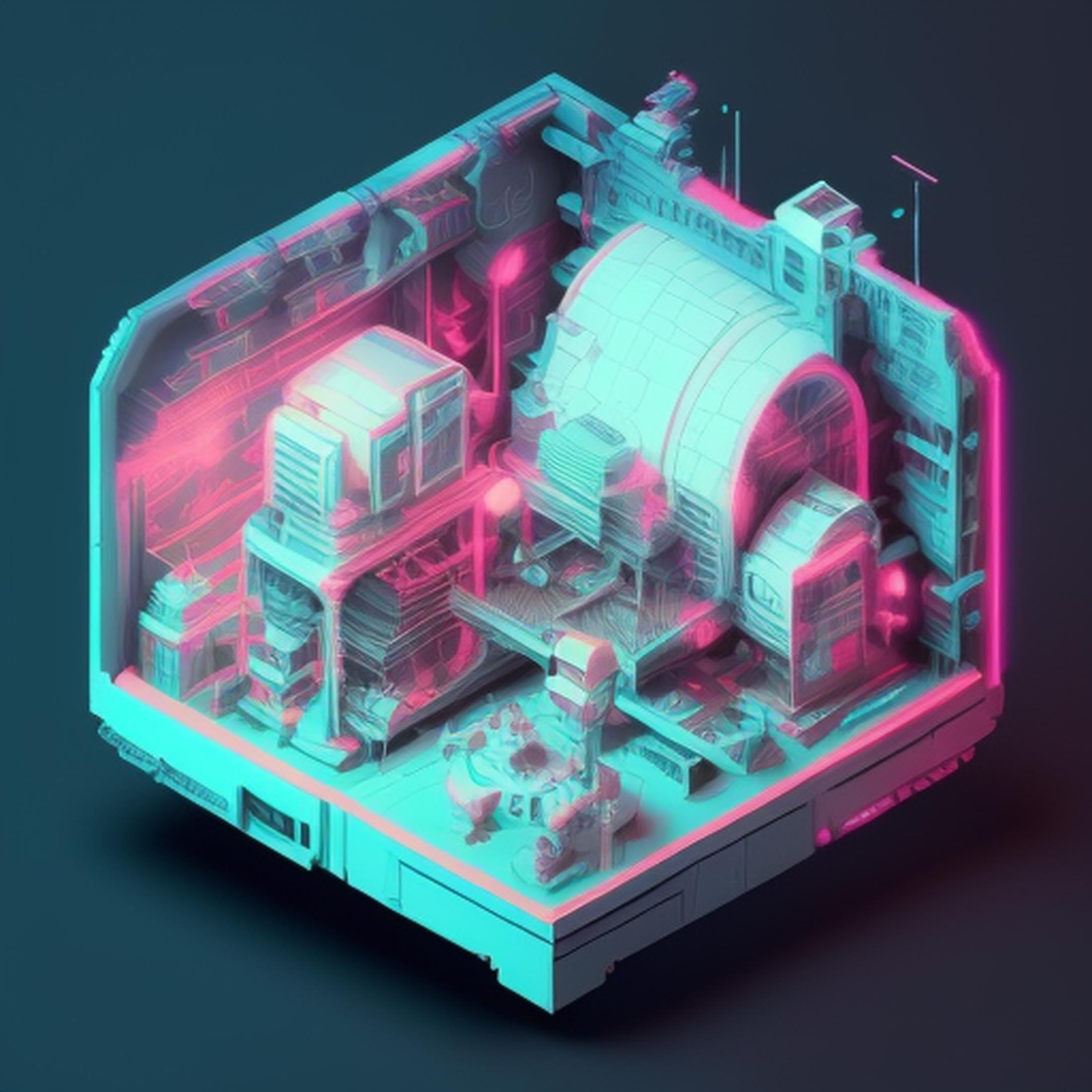 duskametrik isometric cutaway neon future buildings incredibly detailed black background dusty surfaces scratches dialidat...