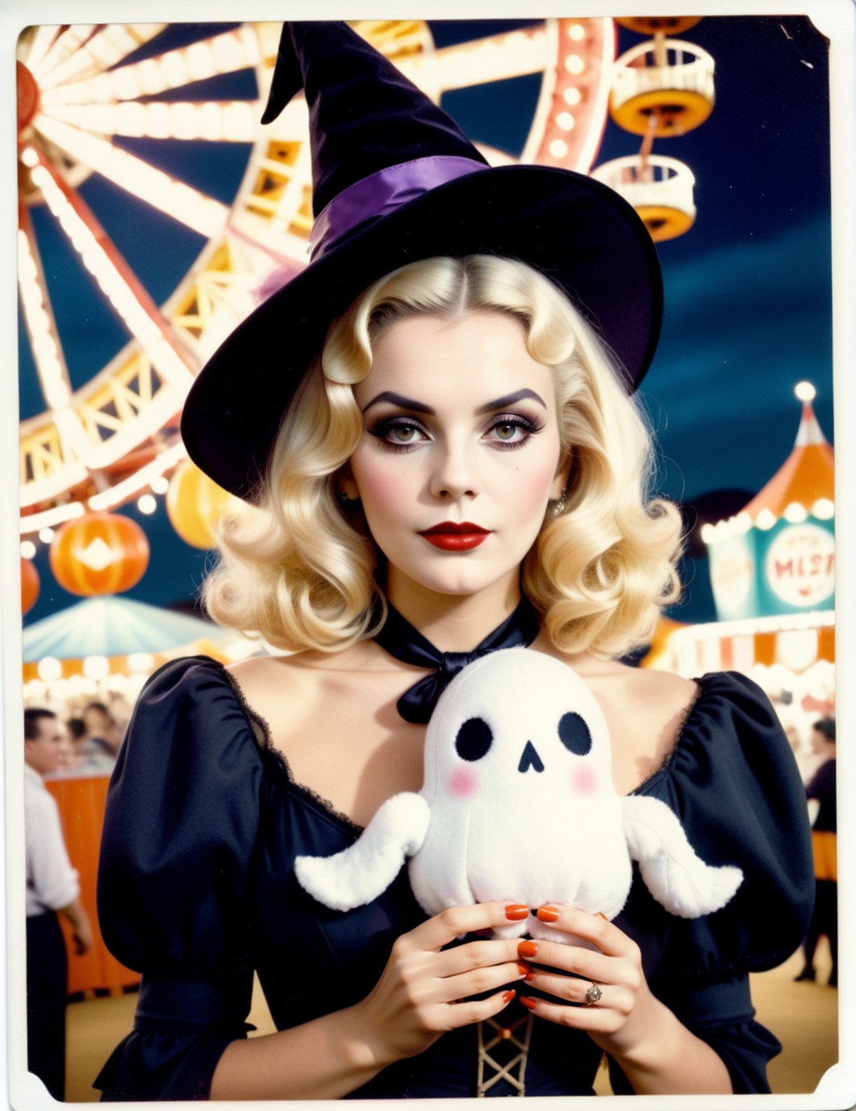 vintage polaroid, up close photo of a beautiful woman at a carnival Halloween night, standing in front of a ferris wheel, ...
