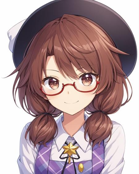 usami sumireko,solo, 1girl, red-framed_eyewear, glasses, smile, upper_body, looking_at_viewer, low_twintails, white_background, under-rim_eyewear, simple_background, shirt, hat_bow, ribbon, long_sleeves
<lora:usami_sumireko_image1686_2023-12-20-000014:1>,star-shaped_pupils,symbol-shaped_pupils,. gorgeous,key visual, vibrant, studio anime,award-winning, professional, highly detailed,high budget, cinemascope