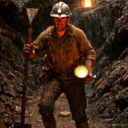 A miner guy with a helmet with a light on it and boots is holding a shovel while working in a coal mine, Arcpastel, genre painting, underground