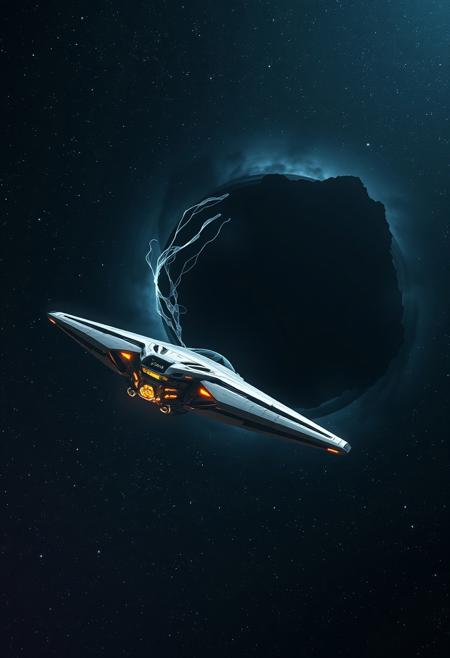 A technologically advanced space colony drifts in the darkness of space, with a massive black hole looming in the distance among shimmering stars. The colony boasts sleek lines, futuristic technology, and glowing elements, creating a mesmerizing sight that combines innovation with elegance. This visually striking image, perhaps a digital painting or CGI rendering, captures the marvel of humanity's progress in the vast cosmic expanse.