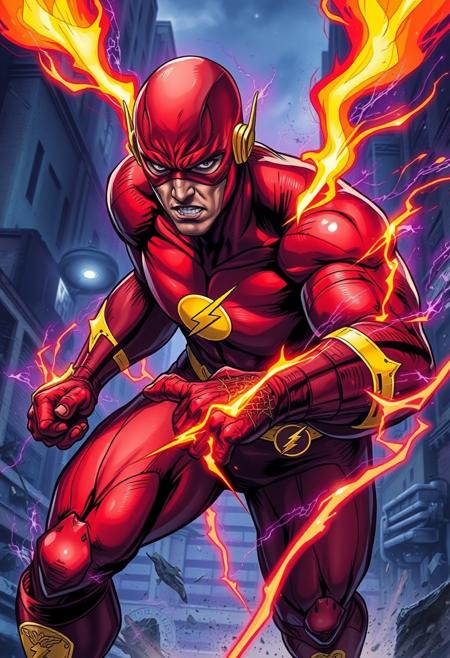 An illustration of Flash with a hard, intense look, and strong, bandaged hands, sharing scars and battle marks on his face and body. Sweat, speed and blur. his body is adorned with glowing golden runes. purple aura fire around him. body dynamic epic action pose, bladerunner city street ruined background. with an emphasis on bold, expressive brushstrokes and bright colors. The background can be left to the artist's interpretation. The modifier is CarnageStyle, the color is blood red, and the intensity is 1.6, the lighting is cinematic, the angle is dynamic, the details are extreme.