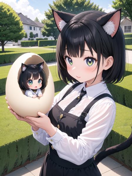 2 girls, are facing each other, holding cracked giant egg, a chibi girl into giant egg 