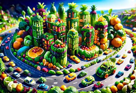 tilt-shift, scenery, tiny (city:1.4) made of salad, cars from bananas with wheels of oranges, fruity people, everything is made of salad or fruits, cave, panorama, viewed from afar, realistic, insane details, deep colors, long exposure