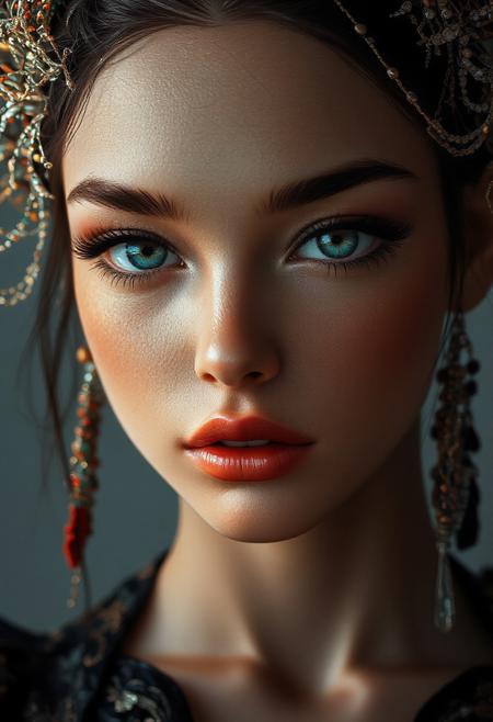 Midjourney_Whisper, A hyper-realistic portrait of a stunning supermodel, featuring a beautifully detailed face with captivating eyes and a serene expression, The image showcases her natural beauty, focusing on her flawless skin and delicate features, The composition blends modern and traditional elements with a neo mode, avant-garde style, characterized by elegant lines, vibrant colors, and exquisite details, Her hair is styled in an intricate and unique fashion, adding to her ethereal and timeless aura, The lighting enhances her features, creating a soft interplay of light and shadow, while the high-resolution quality captures every detail with photorealistic clarity