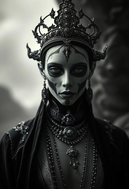 Stories from the Tibetan Book of the dead, 
hyper-realistic surrealism, vintage glamour photography, futuristic dystopian aesthetics, intricate detailing, cinematic lighting, high-contrast monochrome, Art Deco influences, dreamlike atmospheres, nostalgic yet futuristic, soft-focus portraits, sci-fi inspired compositions, bold contrasts, dramatic elegance, refined textures, imaginative world-building