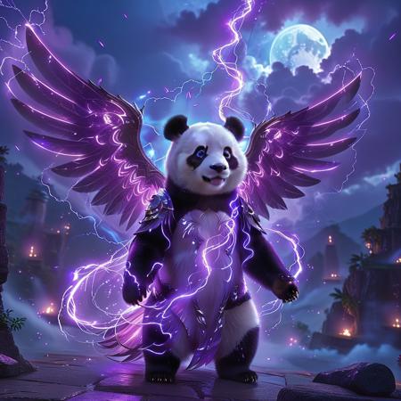 A celestial fairy with the gentle face of a panda, her form woven from crackling arcs of iridescent lightning. Her wings shimmer with electric blue and silver trails, leaving glowing afterimages as she glides through a twilight realm. The air hums with energy, charged particles swirling like luminescent dust. Her panda markings glow softly, infused with radiant magic, while her eyes spark with quiet cosmic wisdom. Around her, the enchanted world pulses with neon-purple storms and floating orbs of condensed lightning. The landscape is veiled in luminous mist, where every flicker of light tells a story of unseen power. A breathtaking fusion of serenity and electric mystique