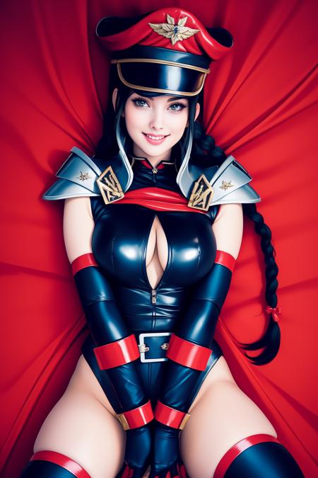 c0spl4y, cosplay, cleavage, (red leotard), peaked cap, blonde hair, (very long twin braids), silver pauldrons, buckles, black cape, gloves, elbow gloves, thighhighs, belt, uniform