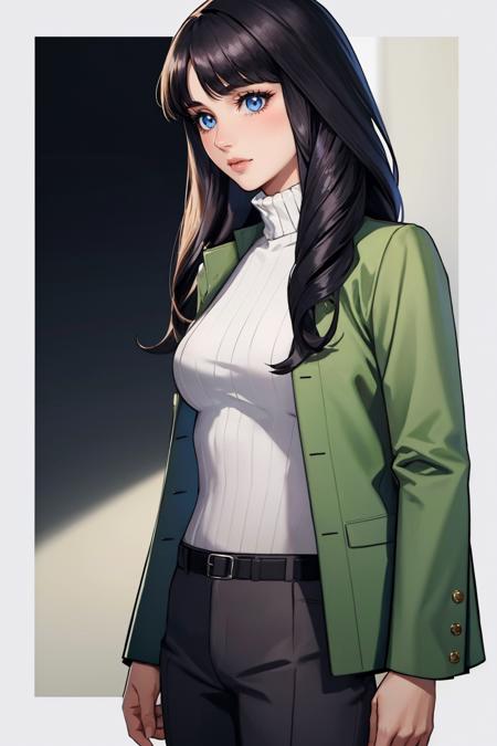 nagidsrk2, long hair, blunt bangs, black hair, jacket, turtleneck, pants, knee boots