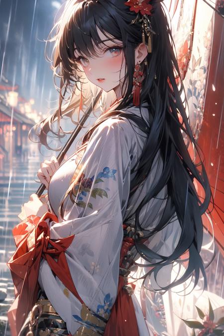 , (masterpiece:1.2), best quality,PIXIV,midjourney portrait,
1girl, umbrella, solo, flower, long hair, hair ornament, hair flower, holding umbrella, looking at viewer, rain, holding, outdoors, bangs, japanese clothes, kimono, oil-paper umbrella, black hair, parted lips, long sleeves, upper body, blush, looking back, tassel, chinese clothes, hanfu, wide sleeves, bow, floral print, earrings, white kimono, jewelry, ribbon
<lora:midjourney portrait_20230625143136:0.9>