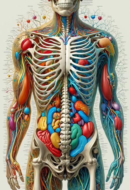An intricately detailed, scientifically accurate, and colorful depiction of the entire human body, including all internal organs and systems, is displayed in this illustration. The skeletal, muscular, nervous, circulatory, respiratory, digestive, endocrine, and immune systems are all visible, highlighting the complex connections between them. Each organ and system is depicted realistically and accurately. A soft gradient effect enhances the sense of depth and dimensionality. The background is kept clean and minimalist, featuring a white backdrop to emphasize the subject matter and improve visibility. The illustration also includes subtle shading and texture to give it a realistic and tangible feel.