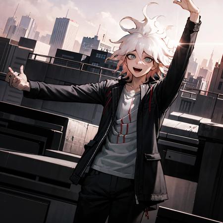 komaeda_nagito,  standing on a rooftop, beautiful red sky, sunlight, laughing, dynamic angle, crazed expression, creepy, horror, arms spread, view of cityscape