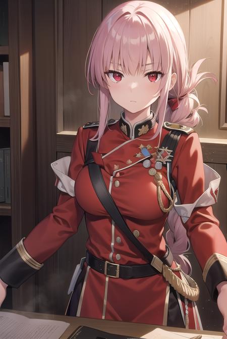 florencenightingale, <lyco:florencenightingale-lyco-nochekaiser:1>,
florence nightingale, pink hair, long hair, (red eyes:1.5), hair braid, sidelocks, folded ponytail, single braid, braid, braided ponytail,
BREAK military, military uniform, uniform, (red uniform:1.5),
BREAK looking at viewer,
BREAK indoors,
BREAK <lyco:GoodHands-beta2:1>, (masterpiece:1.2), best quality, high resolution, unity 8k wallpaper, (illustration:0.8), (beautiful detailed eyes:1.6), extremely detailed face, perfect lighting, extremely detailed CG, (perfect hands, perfect anatomy),