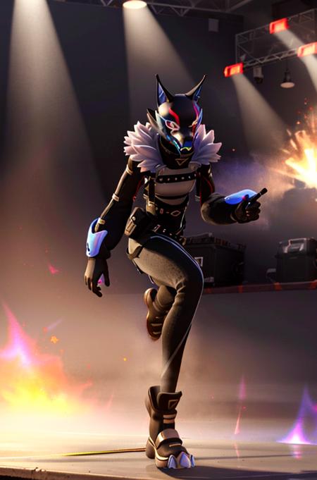 <lora:Fortnite_Highwire_1.1:0.8>, Fortnite_Highwire, Wolf Version, (Wolf Mask:1.2), Straps, Catsuit, Croptop, Brooch, Long Sleeves, Gauntlets, Hip Belt, Hip Holster, Skintight Pants, Fur Collar, Shin Guard, Belt, Boots, Gloves, (((Interior, Concert Stage, Holding Microphone, Dancing, Pyrotechnics))), ultra realistic 8k cg, picture-perfect face, flawless, clean, masterpiece, professional artwork, famous artwork, lighting, cinematic bloom, perfect face, beautiful face, beautiful eyes, volumetric lighting, cgi, 3d, octane render, ambient occlusion