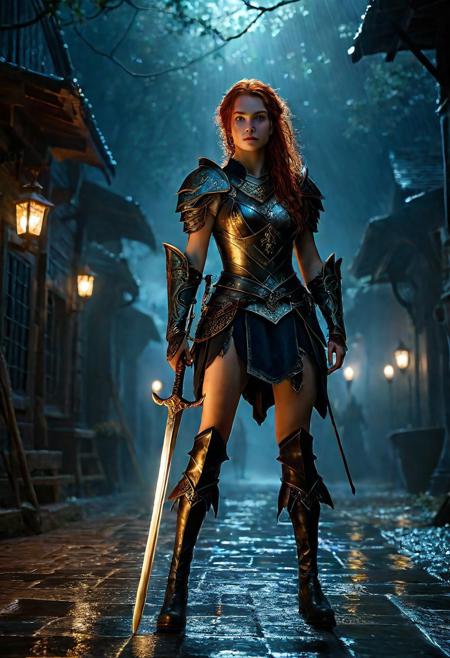 Ultra detailed digital art masterpiece Warrior girl dressed in a Armor, standing in combat pose down the mysterious night street of the big dark fantasy medieval Town, perfect lighting, beautiful Sadie Sink as Warrior girl, attractive woman, elegant, unreal engine 5 nanite quality, mixed with dark elements, dark environment, very dark night, clean dark velour witch clothing, LOTR style, dark washed out eyeliner, no make up, natural bloody face, realistic blue eyes, ultra detailed atmospheric details, beautiful glowing effects, sparkle effects, realistic body proportions, beautiful face proportions, complex masterpiece, wavy red hair, creative glowing detailed tattoos, complex physics, enhanced colors, complimentary colors, ultra detailed raytracing reflections, Ultra detailed complex background, environment feels alive, direct eye contact, dramatic lighting, wet and sweaty skin, beautiful firm Breasts, Concept art portrait by Greg Rutkowski