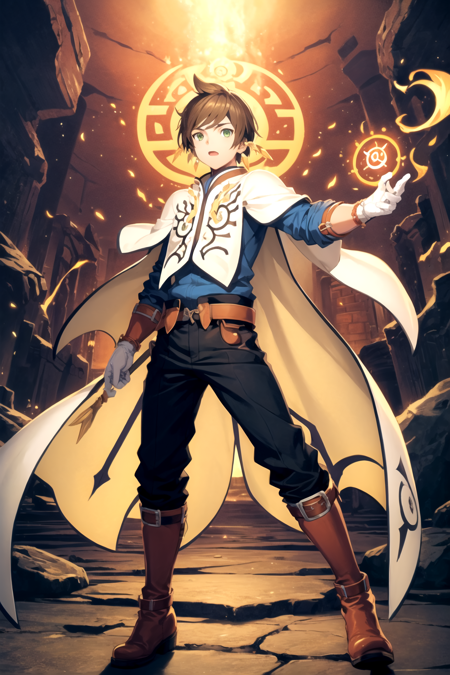 masterpiece, best quality, 1boy,  sorey,  solo, brown hair,  green eyes,  boots, cape, full body, white gloves, jewelry, earrings, male focus, casting spell, mana, spell rune, cave backgound  <lora:Sorey:1>