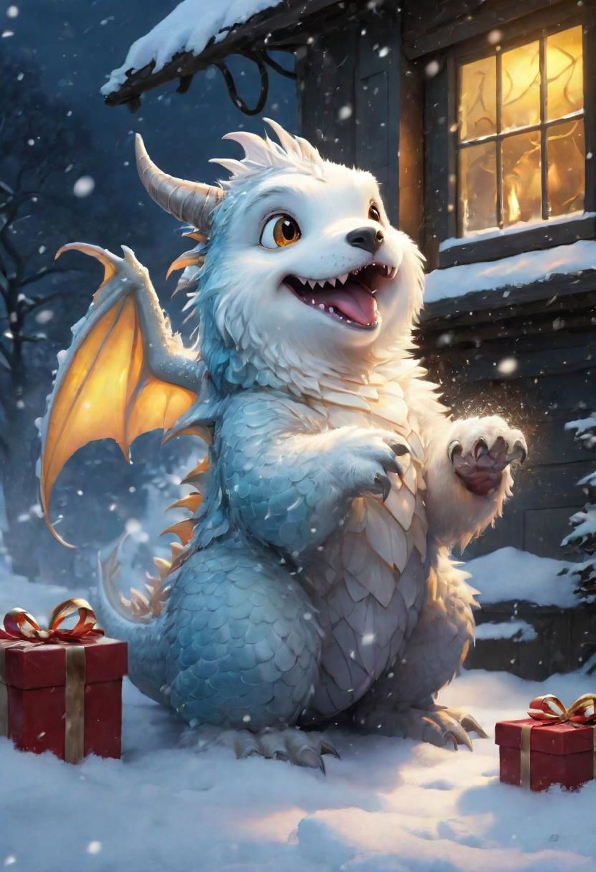White Dragon with Blue Wings and Tail, Smiling and Standing in Snow with Presents